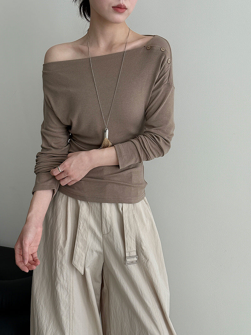 Korean asymmetrical button off-shoulder long-sleeved high-elastic bottoming shirt top women's Qiuxin slim-fitting and thin knitted sweater