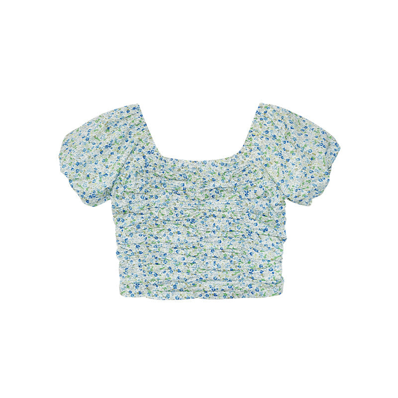 French Floral Pleated Bubble Sleeve Top