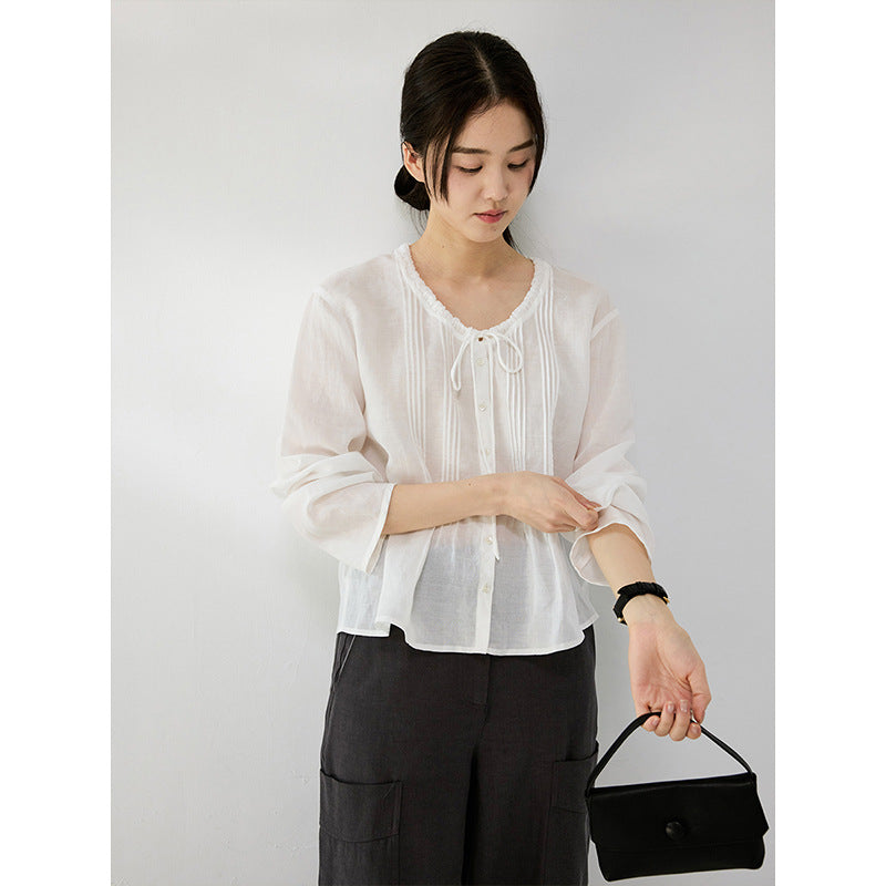 Tencel ramie pleated texture v-neck lazy lace shirt lazy shirt
