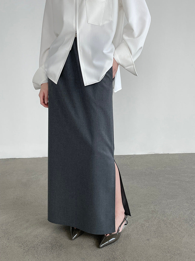 Side Split Elastic Waist Straight Midi Skirt