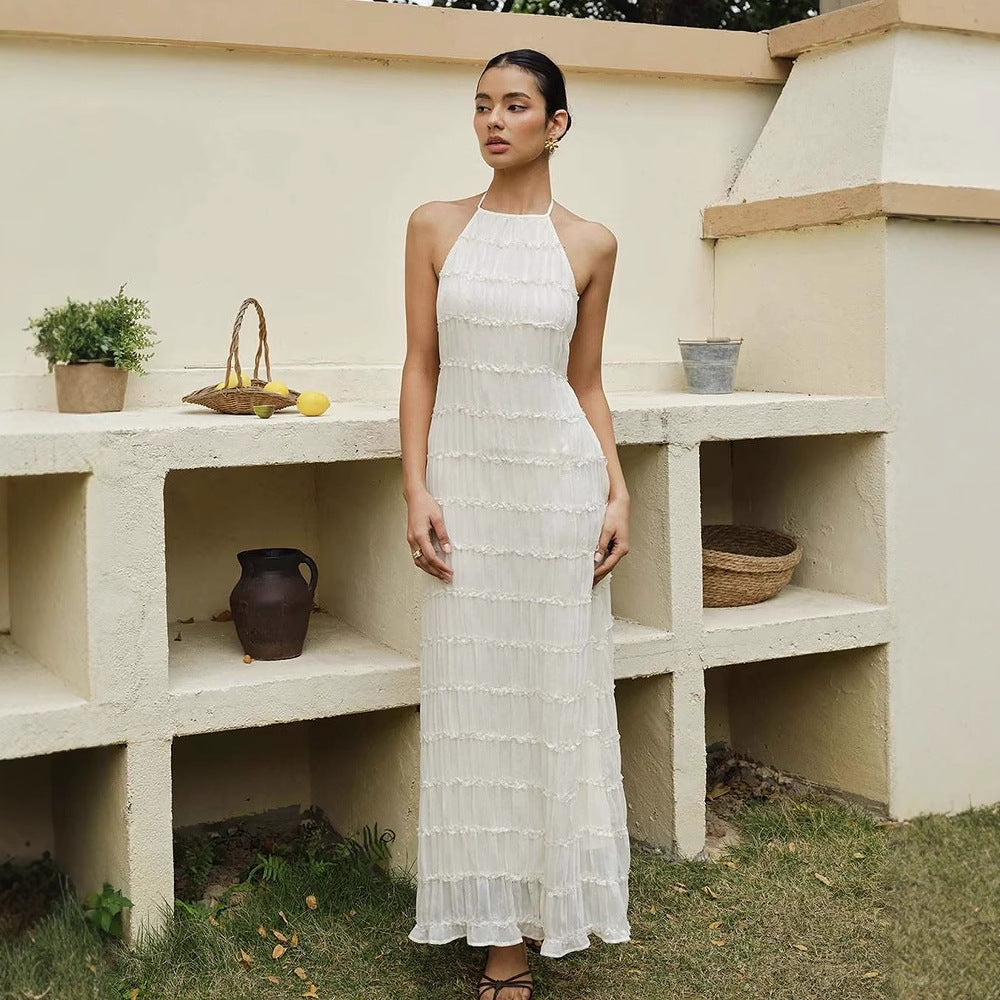 Sexy pleated lace floor-length resort style dress