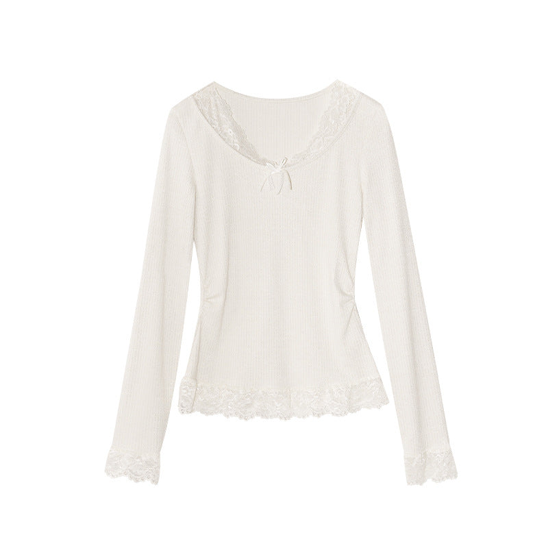 Lace stitching v-neck long-sleeved beautiful bottoming shirt