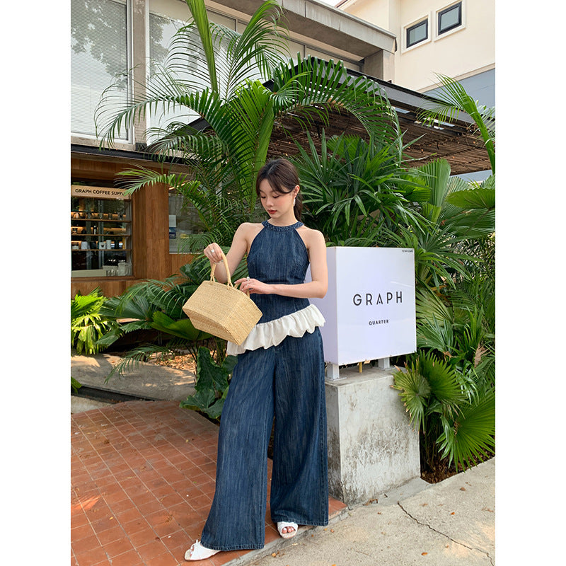 Summer French retro fashion suit female high-end denim two-piece set