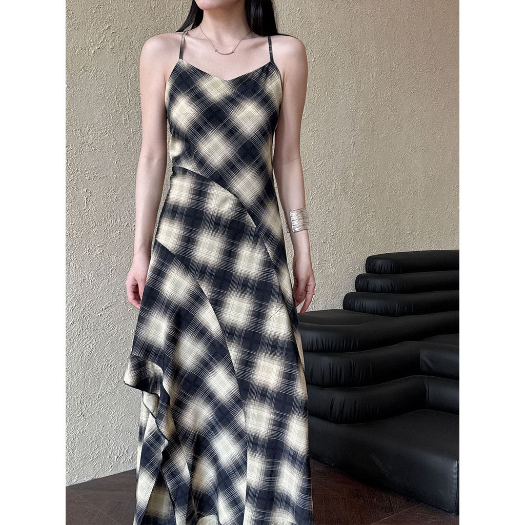 Korean simple temperament plaid dress spring and summer women's new waist irregular hem long dress