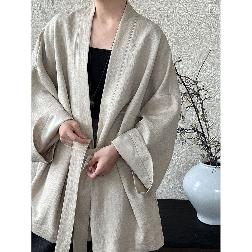 Japanese lazy daoist robe high-end women's autumn new solid color medium and long strap trench coat 8503