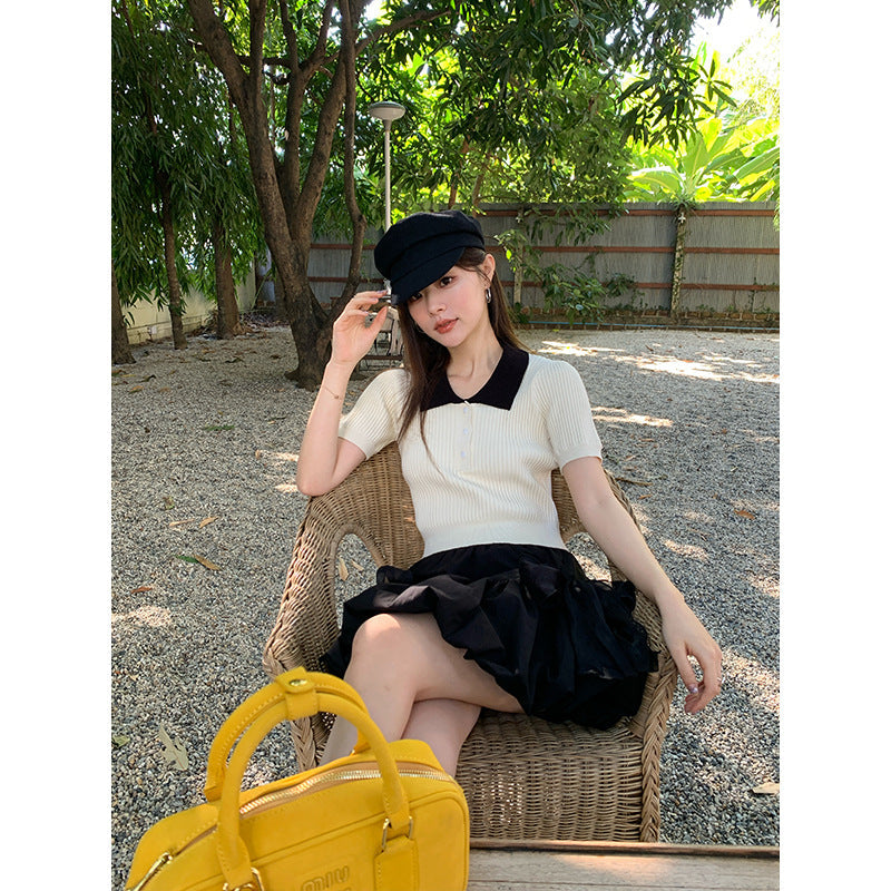 College Fashion Commuter Lapel Short Sleeve Knitwear