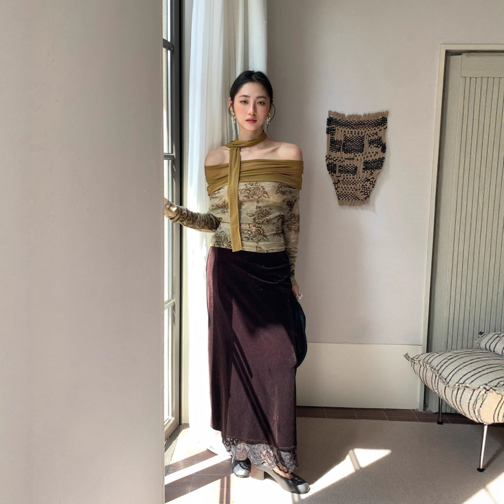 Elegant lace velvet high waist hip skirt
