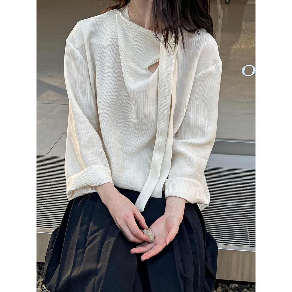 Retro temperament streamer texture shirt women's spring new lace-up slim commuter top
