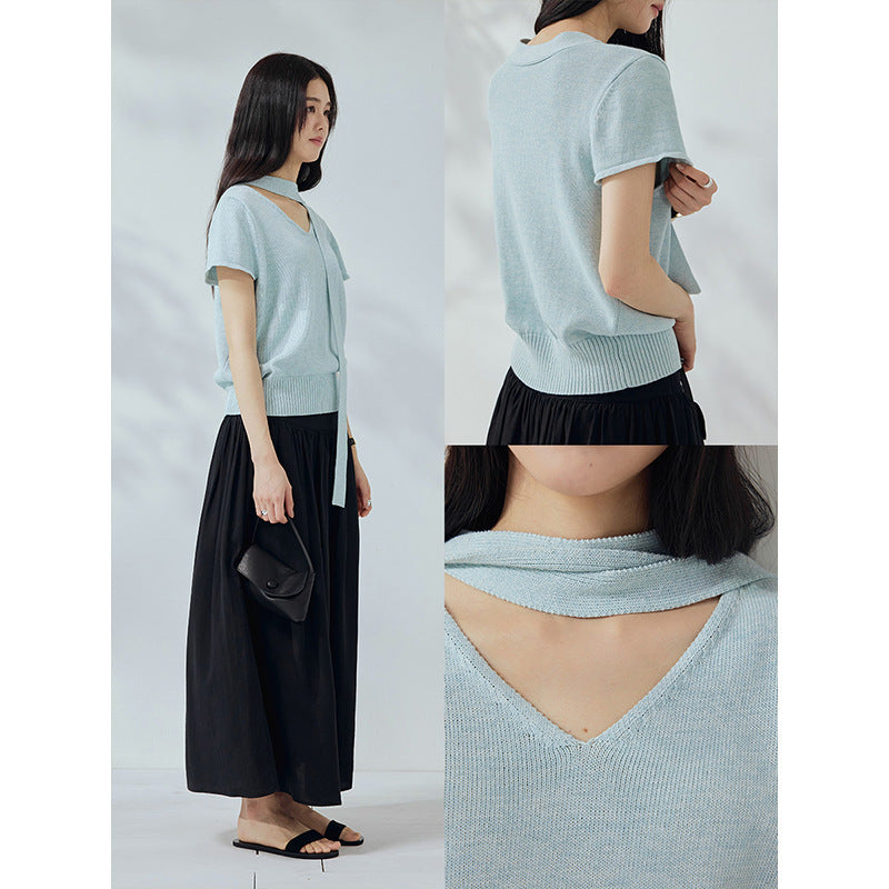 Washi yarn streamer V-neck loose short-sleeved knitted sweater summer top