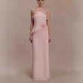 Fashion Flower Fungus Curled Chiffon Dress Vacation Style Lace Up Neck Long Dress