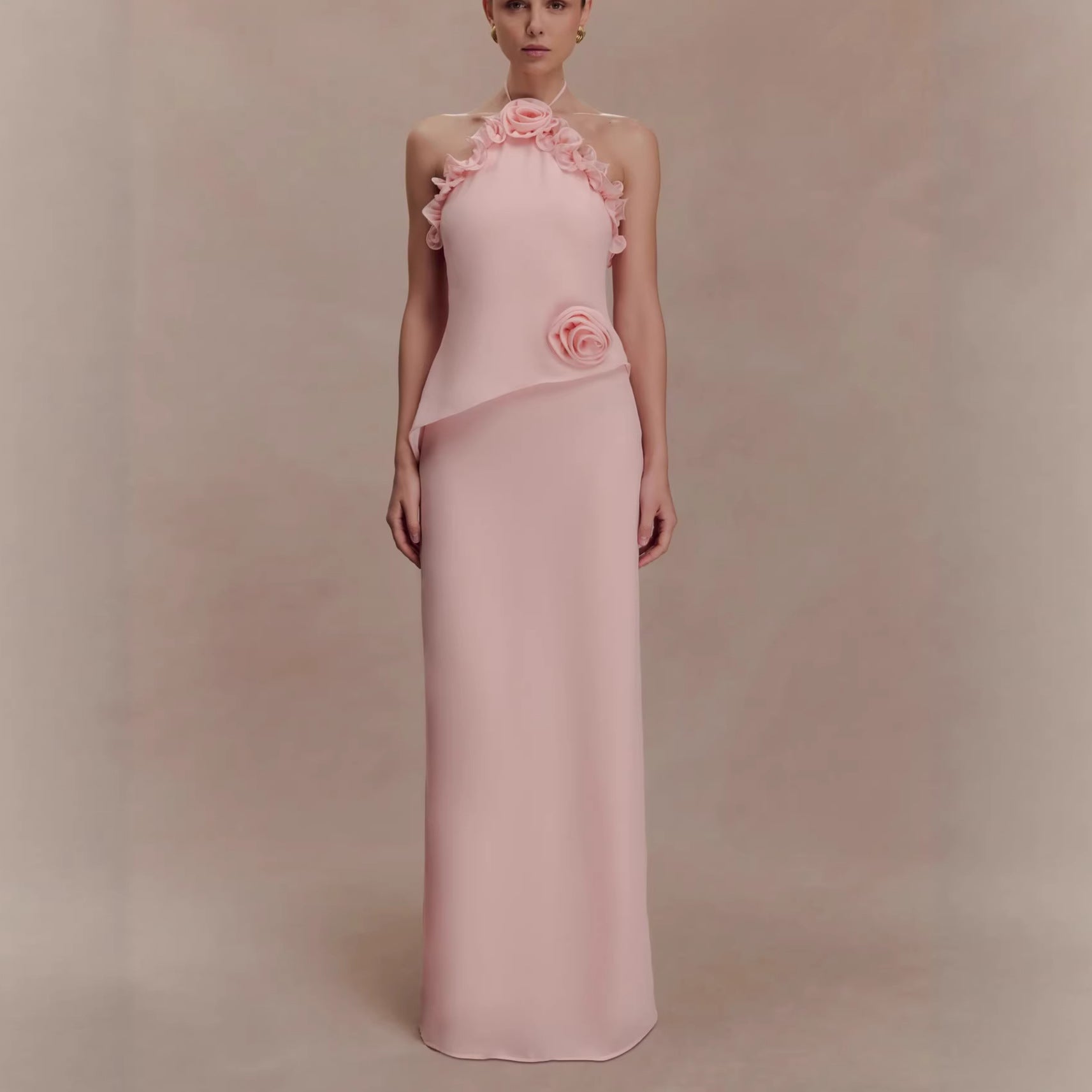 Fashion Flower Fungus Curled Chiffon Dress Vacation Style Lace Up Neck Long Dress