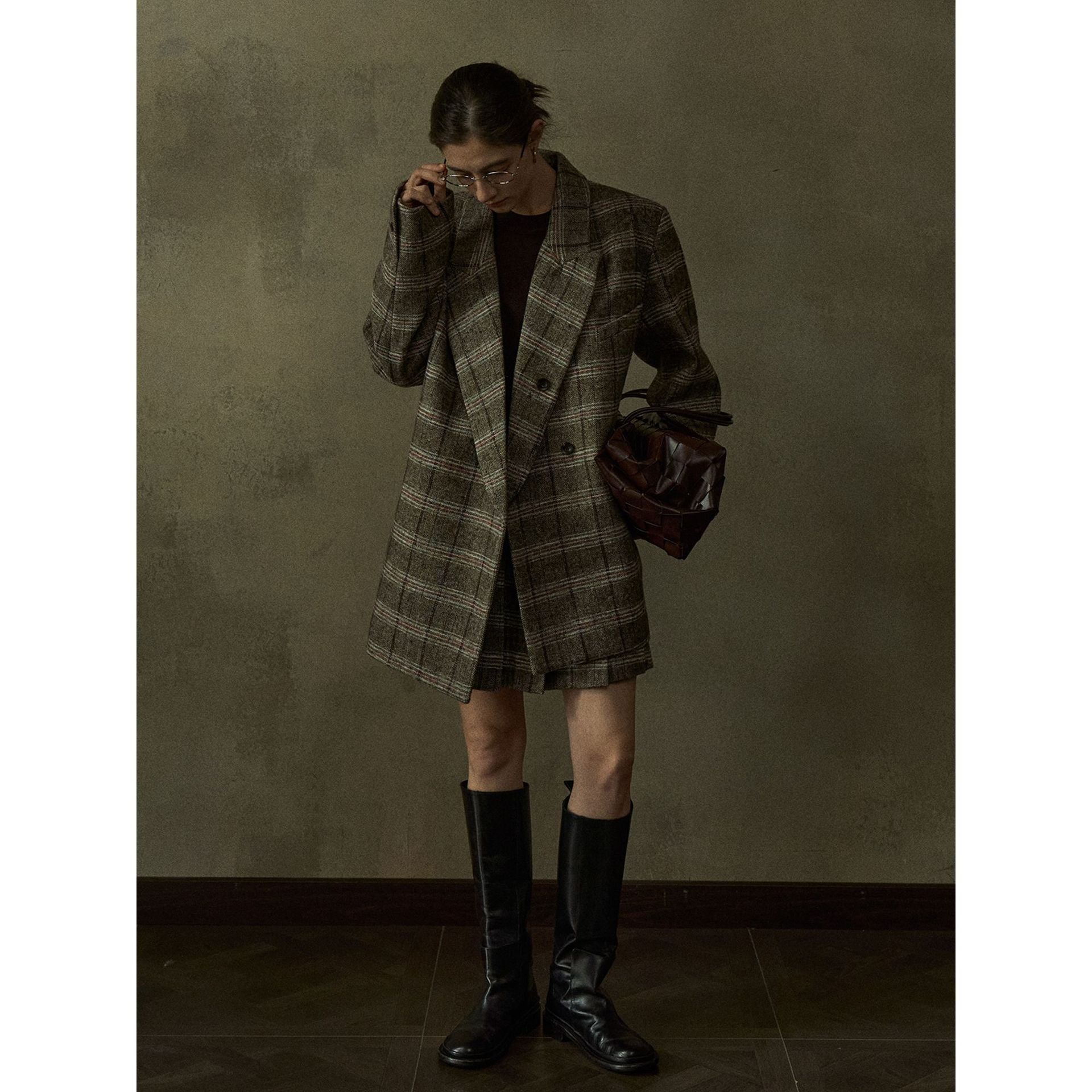 Autumn Design Retro Casual Wool Plaid Classic Wide Shoulder Suit