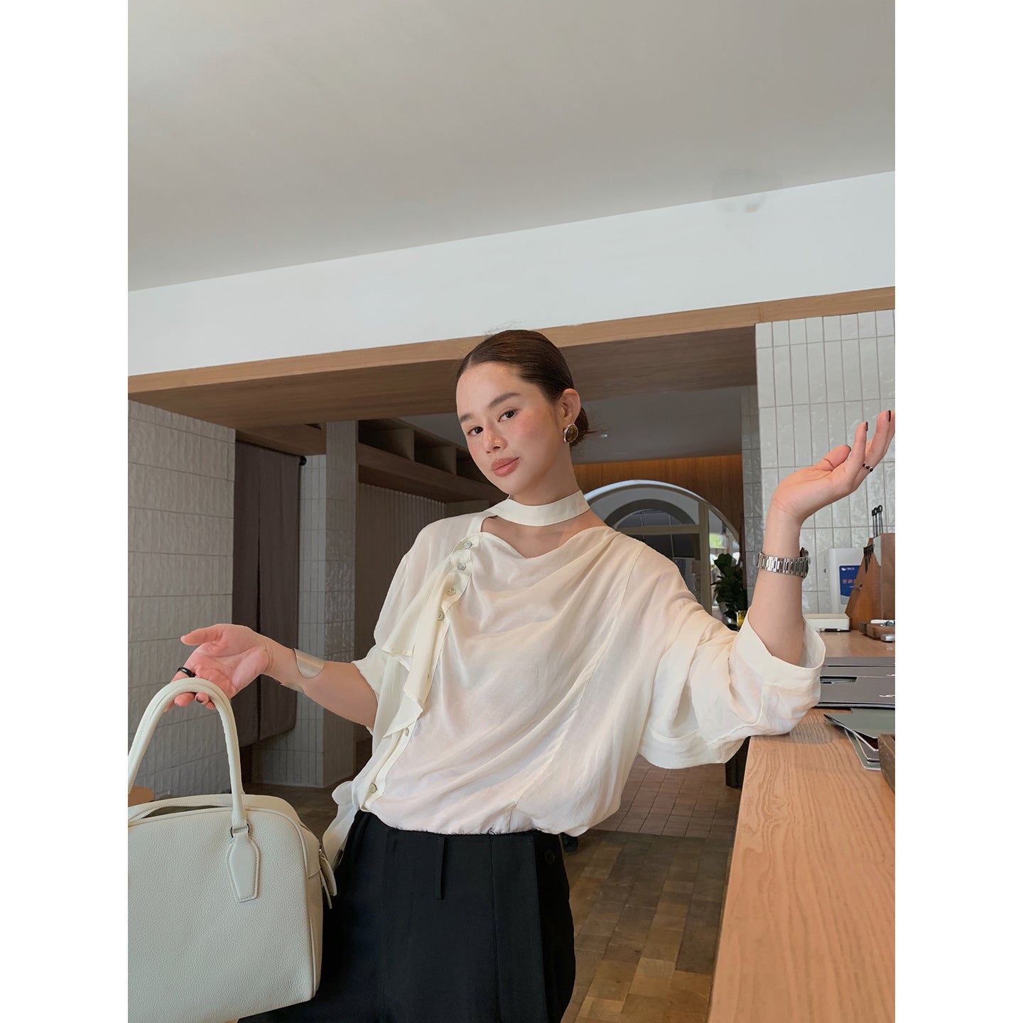 Tencel Modal streamer diagonal buckle long-sleeved shirt
