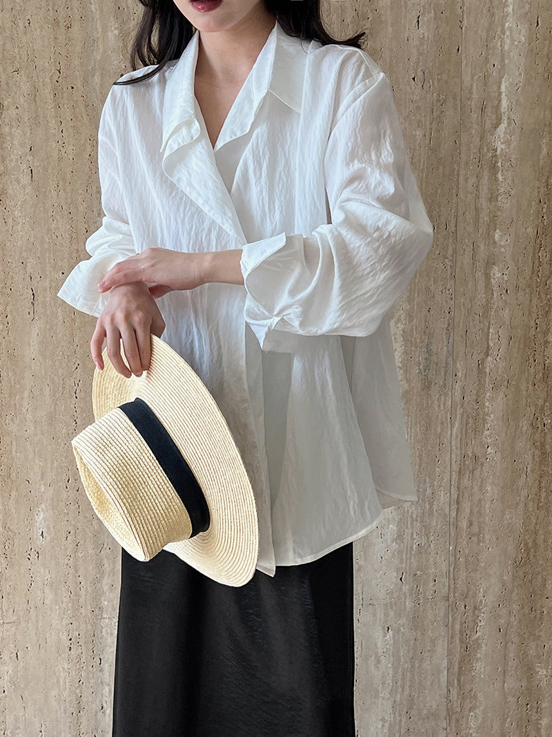 Korean slightly wrinkled texture design shirt women's spring new temperament long-sleeved top