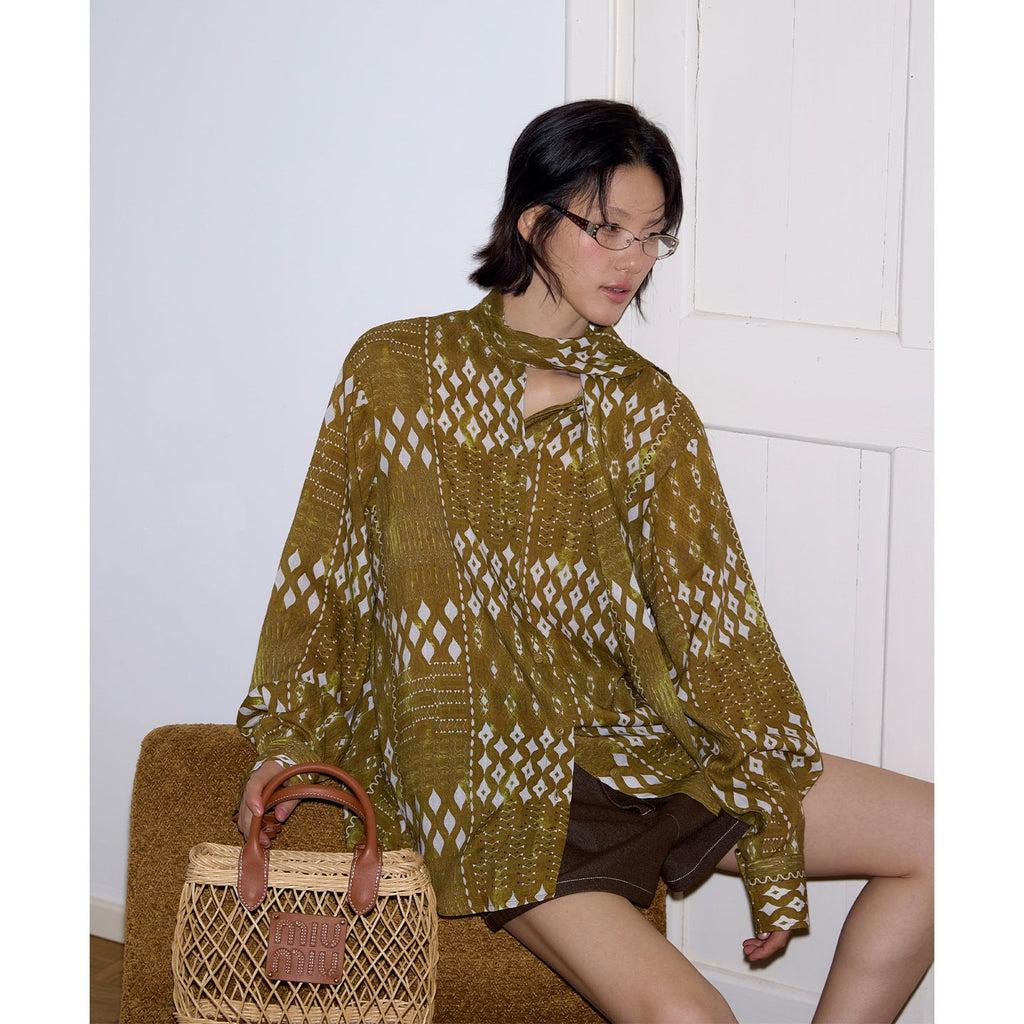 Bohemian Tencel Ramie Ribbon Shirt Geometric Pattern Long Sleeve Top