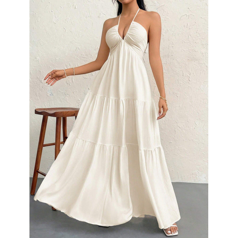 Ladies seaside neck holiday dress backless V-neck thin white pleats