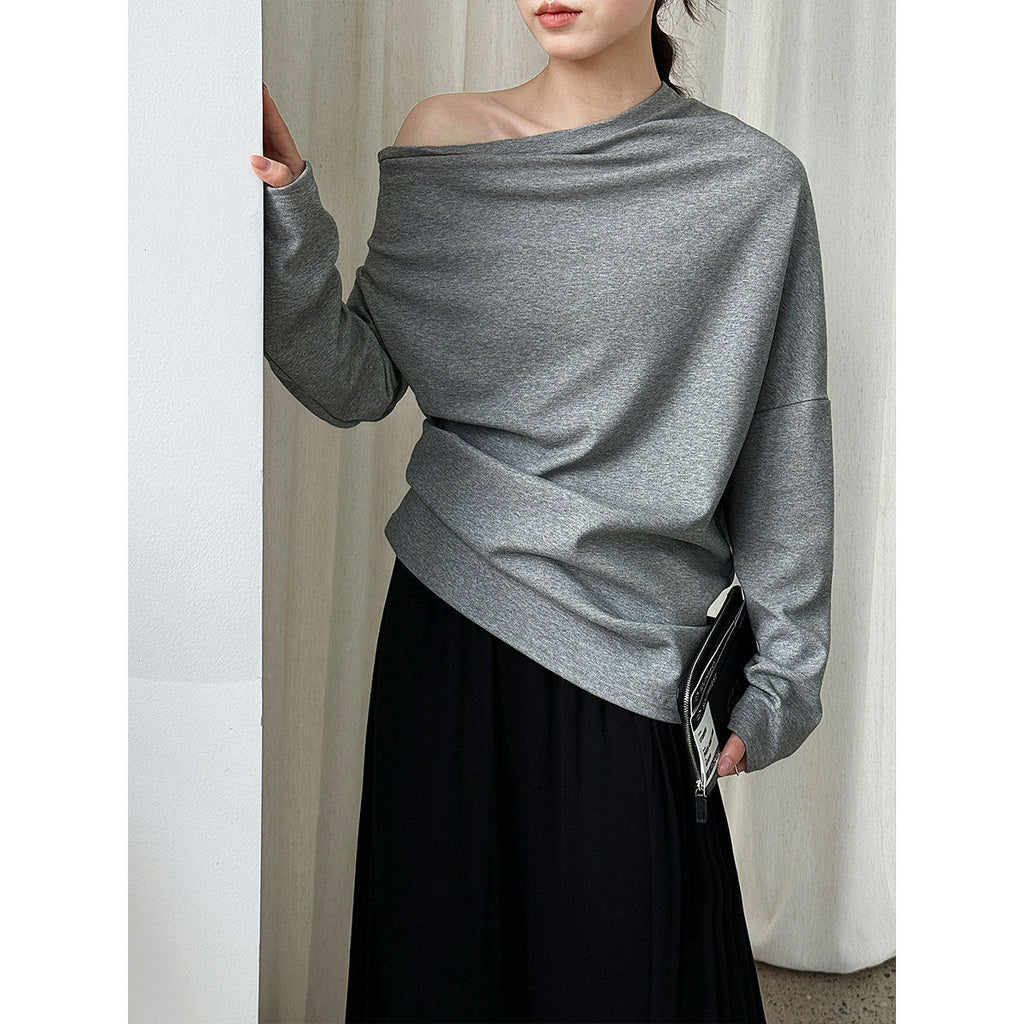 Irregular design slanted shoulder long-sleeved sweater women's autumn new lazy Sorona off-the-shoulder top