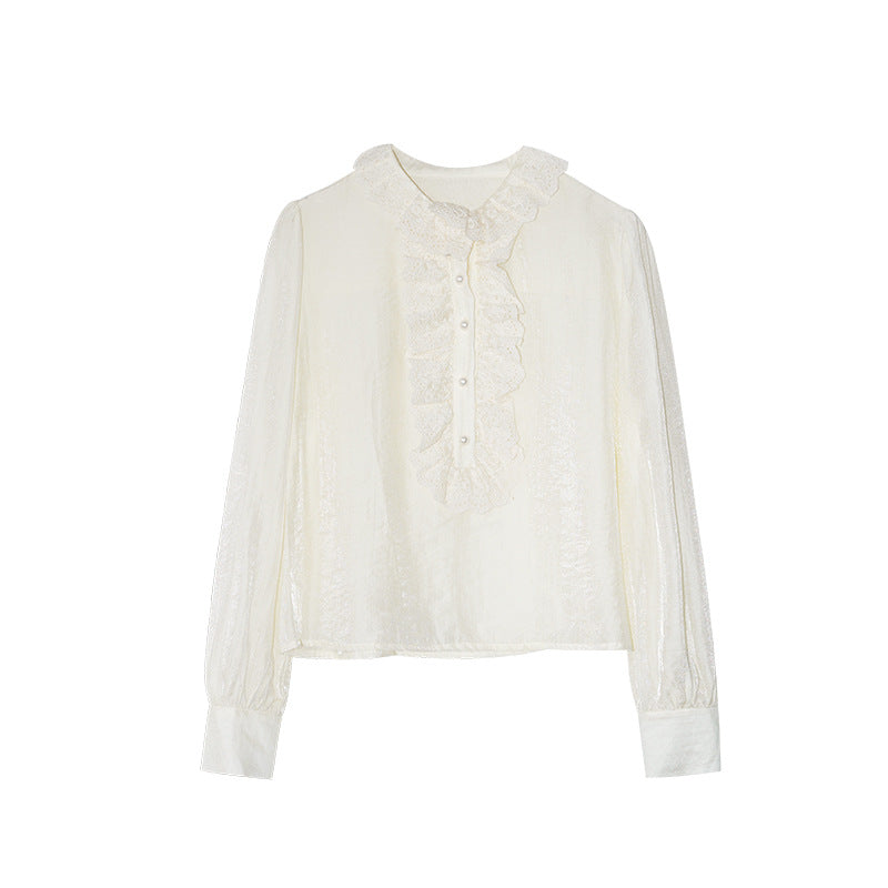 Chic, sweet and good-looking solid-color lace-trimmed long-sleeved shirt