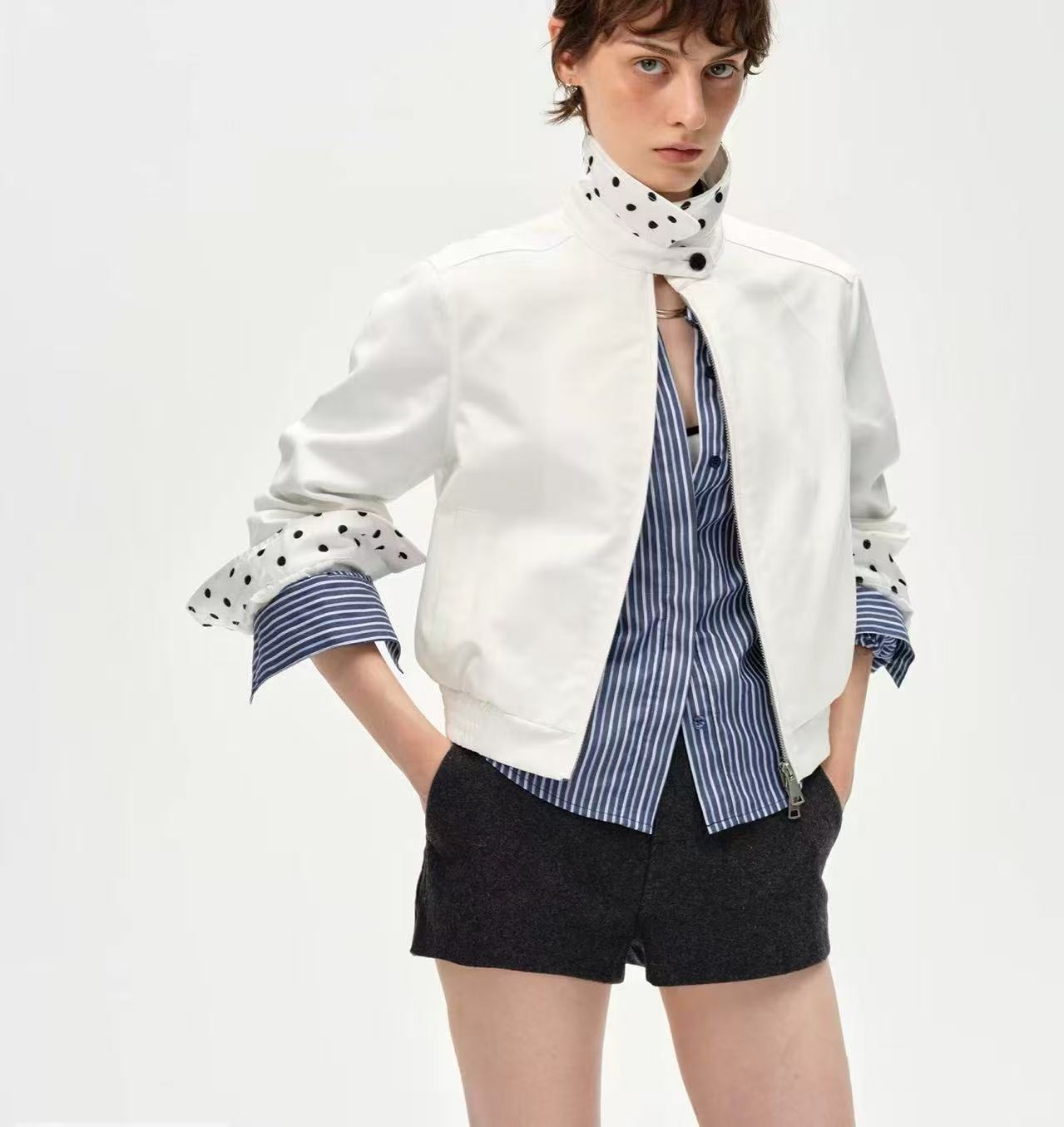 Autumn and winter new Lyocell retro collar contrasting color splicing polka dots crisp slim temperament jacket shirt women