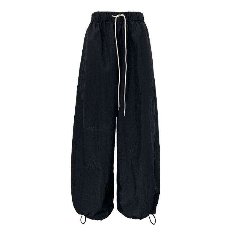 American street style glossy pleated casual pants women's summer new high-waisted sickle overalls