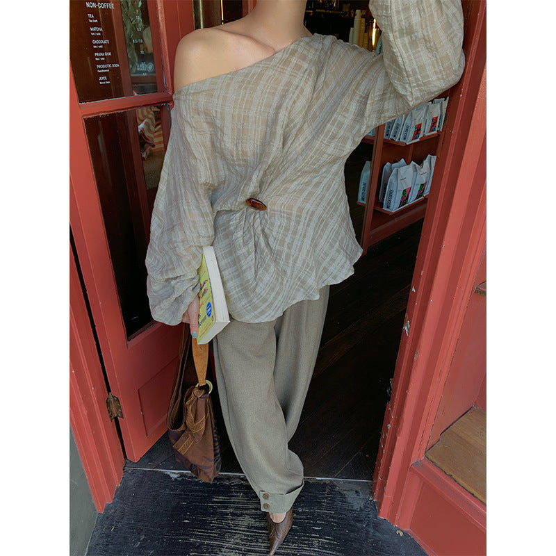 Early spring Korean retro pleated texture Tencel hemp slanted shoulder shirt