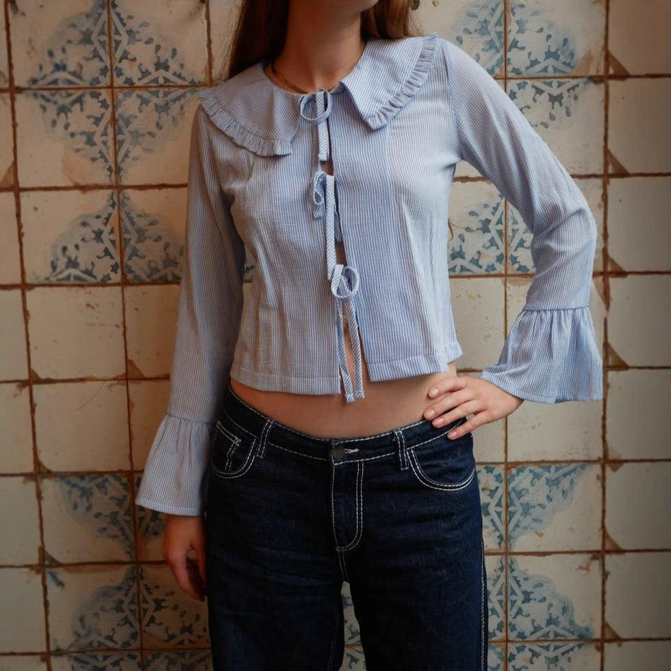 Women's Fashion Sexy Short Slim Shirt Lace-Up Striped Shirt Top Jacket Women