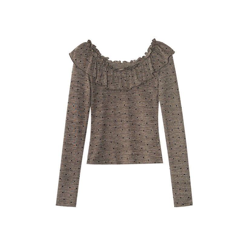 French sweet age-reducing slim-fit polka-dot long-sleeved ruffle top