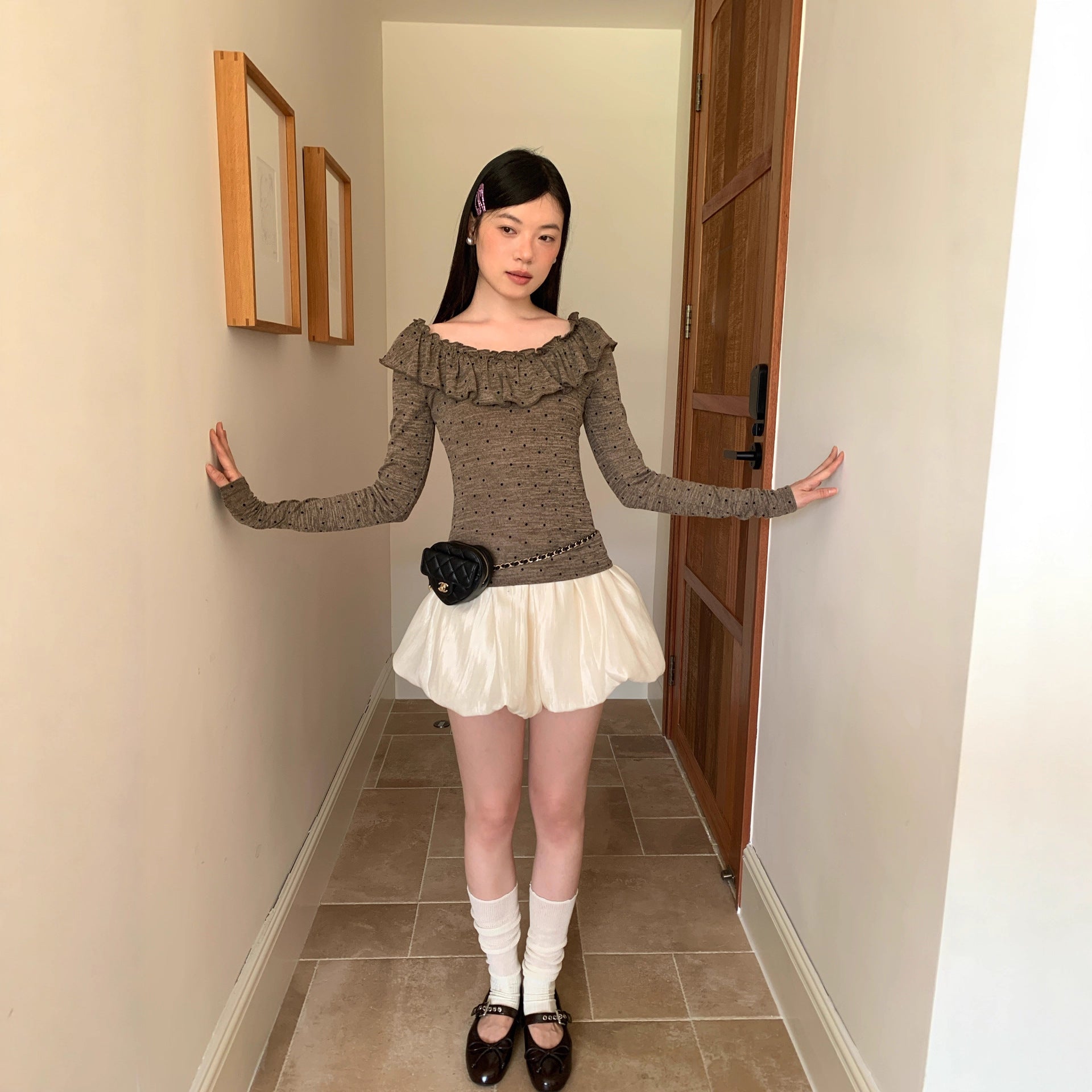 Autumn sweet and spicy polka dot short skirt anti-light elastic waist a-word skirt