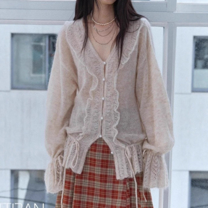 Oversized Mohair Wool Cardigan | V-Neck Drawstring Pearl Button Ruffle Hem