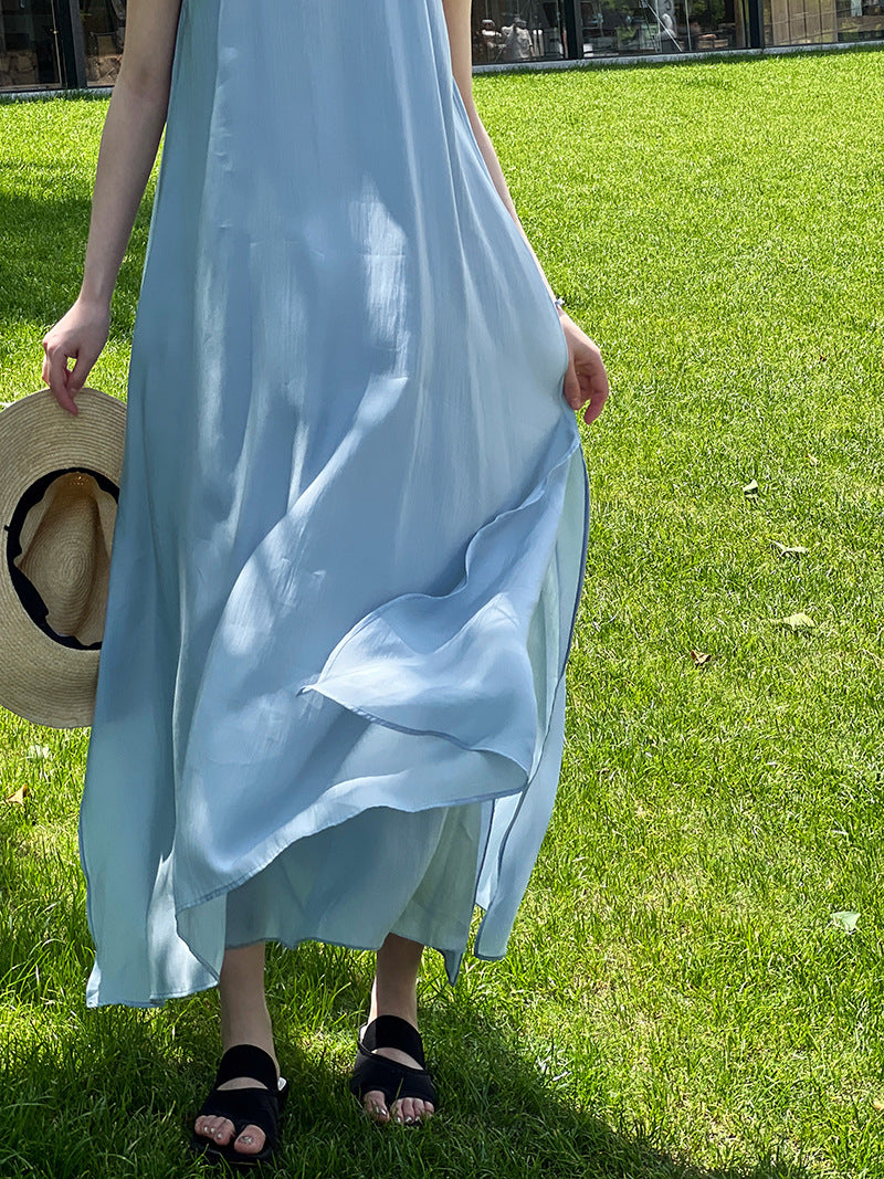 Temperament neck dress summer 2026 super fairy vacation off-the-shoulder Tencel suspender skirt