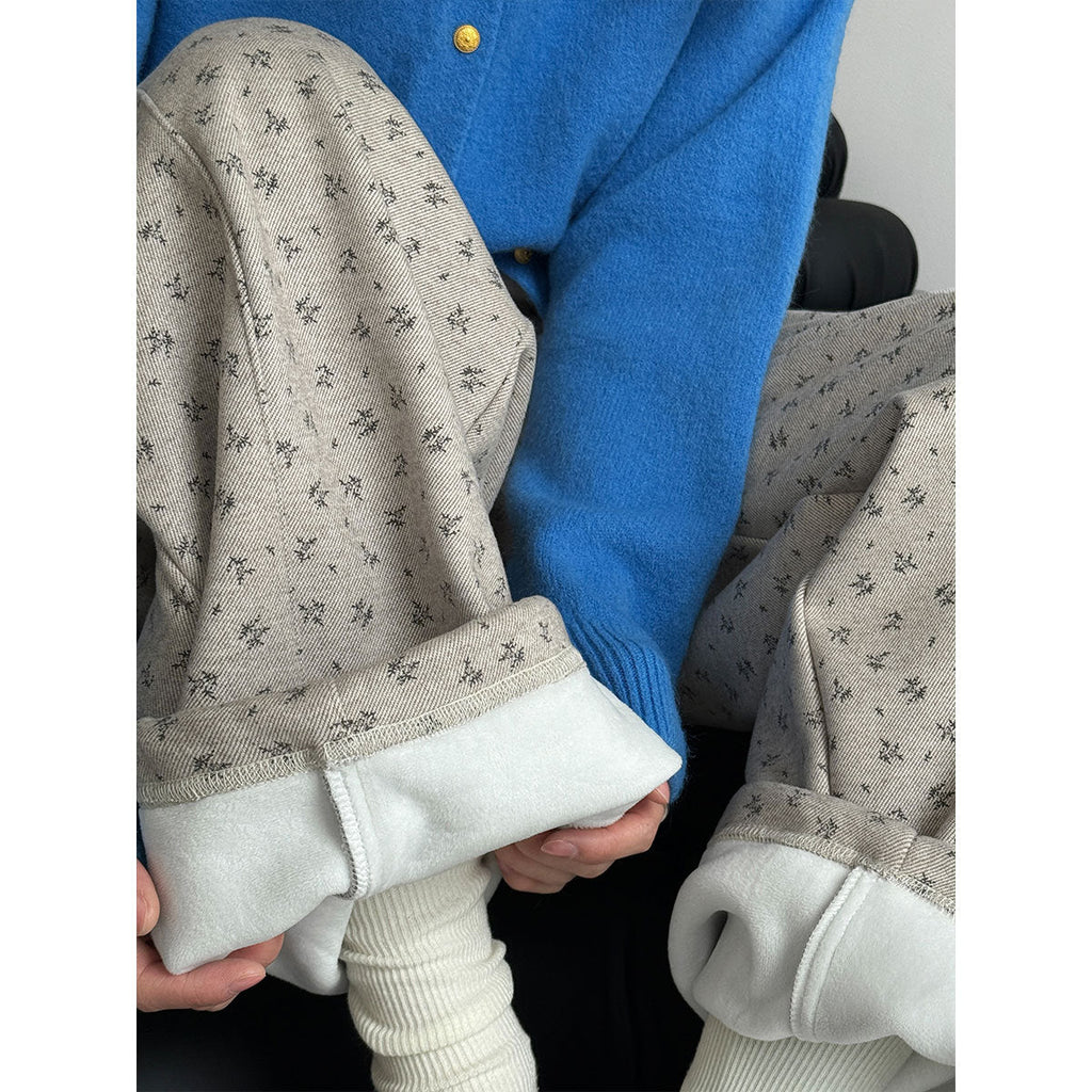 Fleece thickened micro-sickle floral wide-leg pants women's winter new thin elastic waist long pants