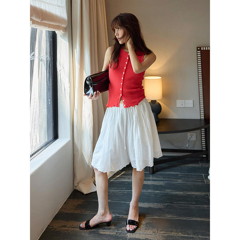 Thin elastic waist lace embroidered splicing silhouette five-point casual pants