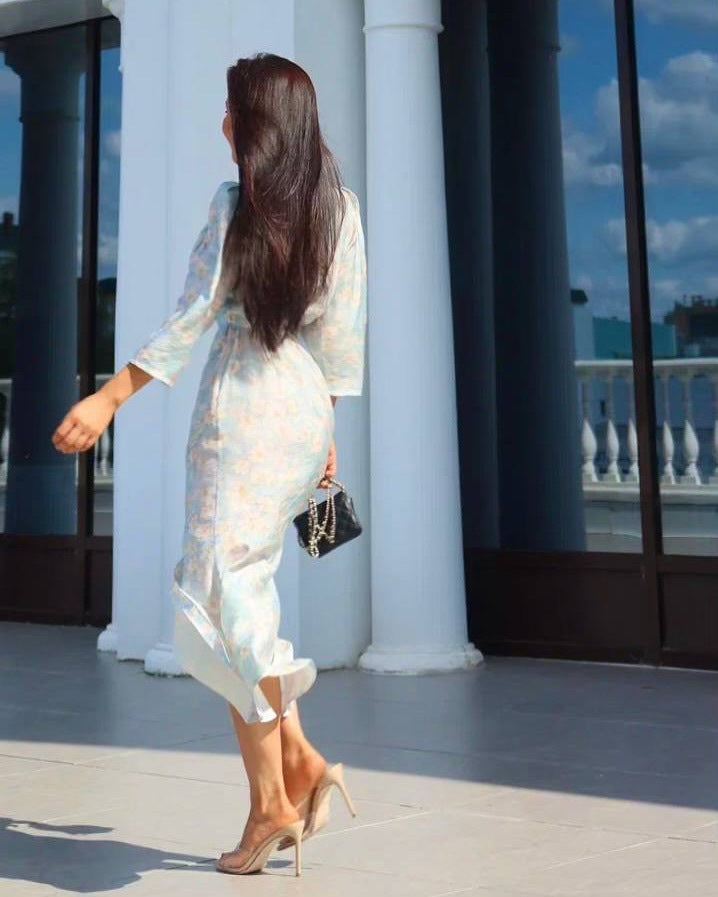 Sexy cardigan print skirt waist bubble sleeve split skirt fashion style dress