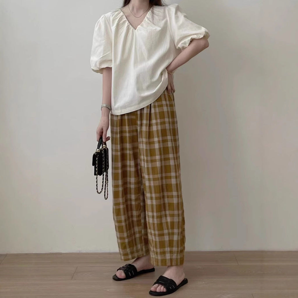 Thin Japanese plaid casual wide-leg pants