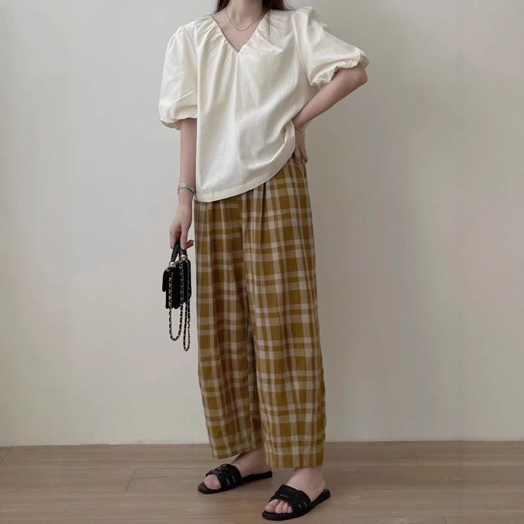 Thin Japanese plaid casual wide-leg pants