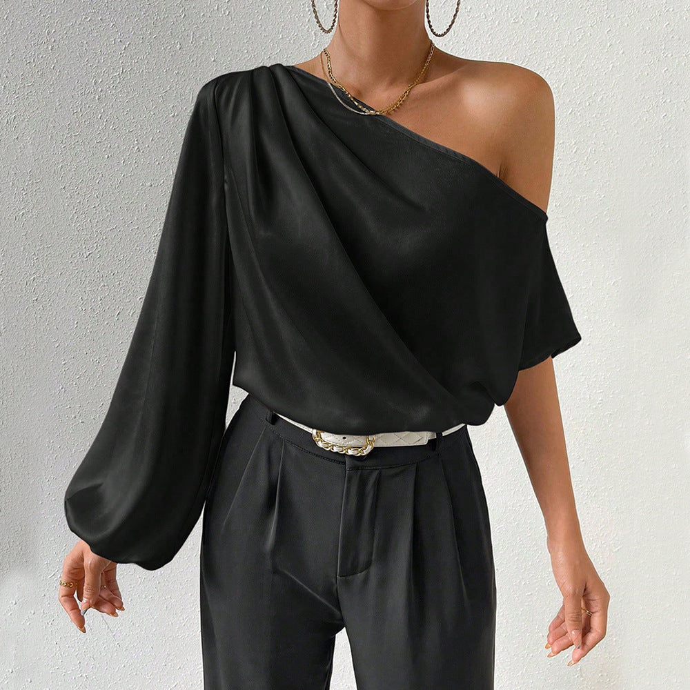 Off-Shoulder Long Sleeve Top Women Loose Fit Diagonal Collar Shirt