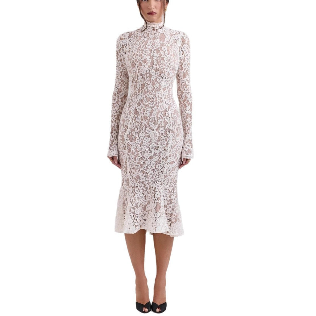 New women's clothing fashionable and sexy hollow lace hip-wrapped long dress perspective slim dress women
