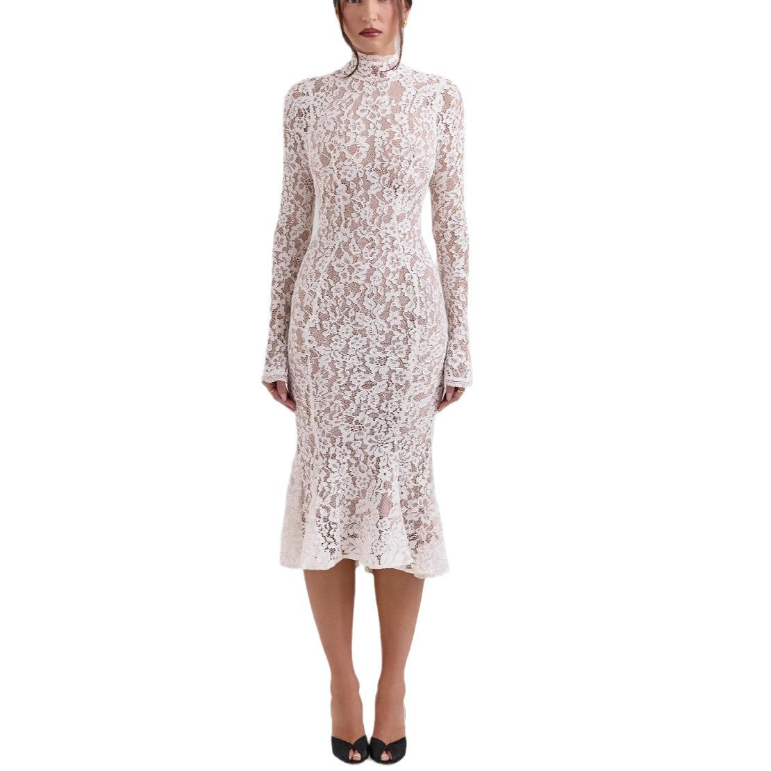 New women's clothing fashionable and sexy hollow lace hip-wrapped long dress perspective slim dress women