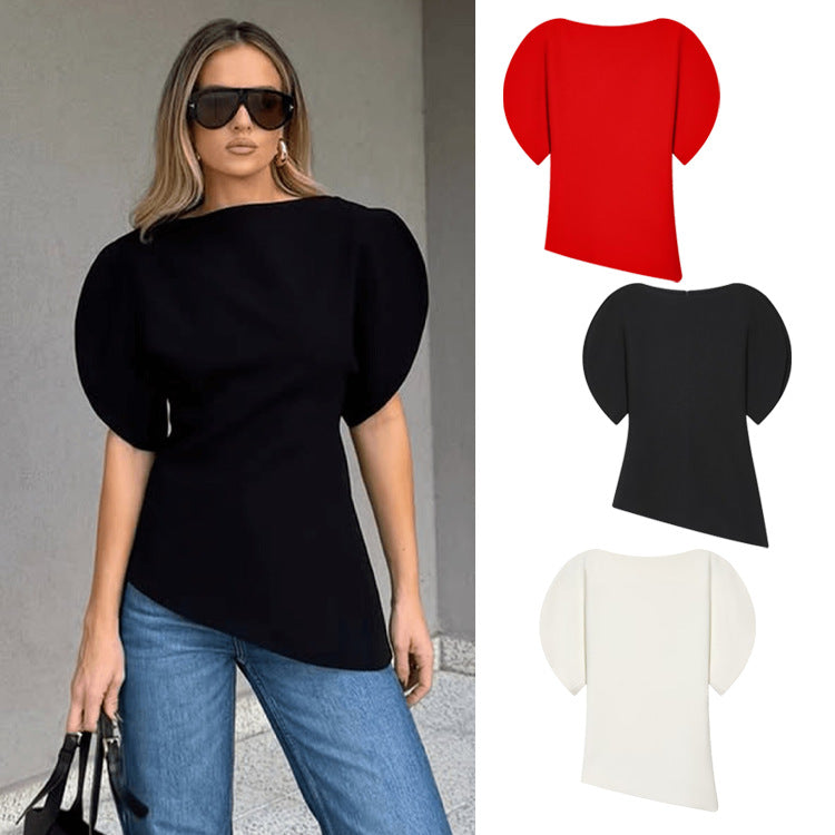 Puff Sleeve Top Women Round Neck Asymmetrical Slim Fit T-Shirt