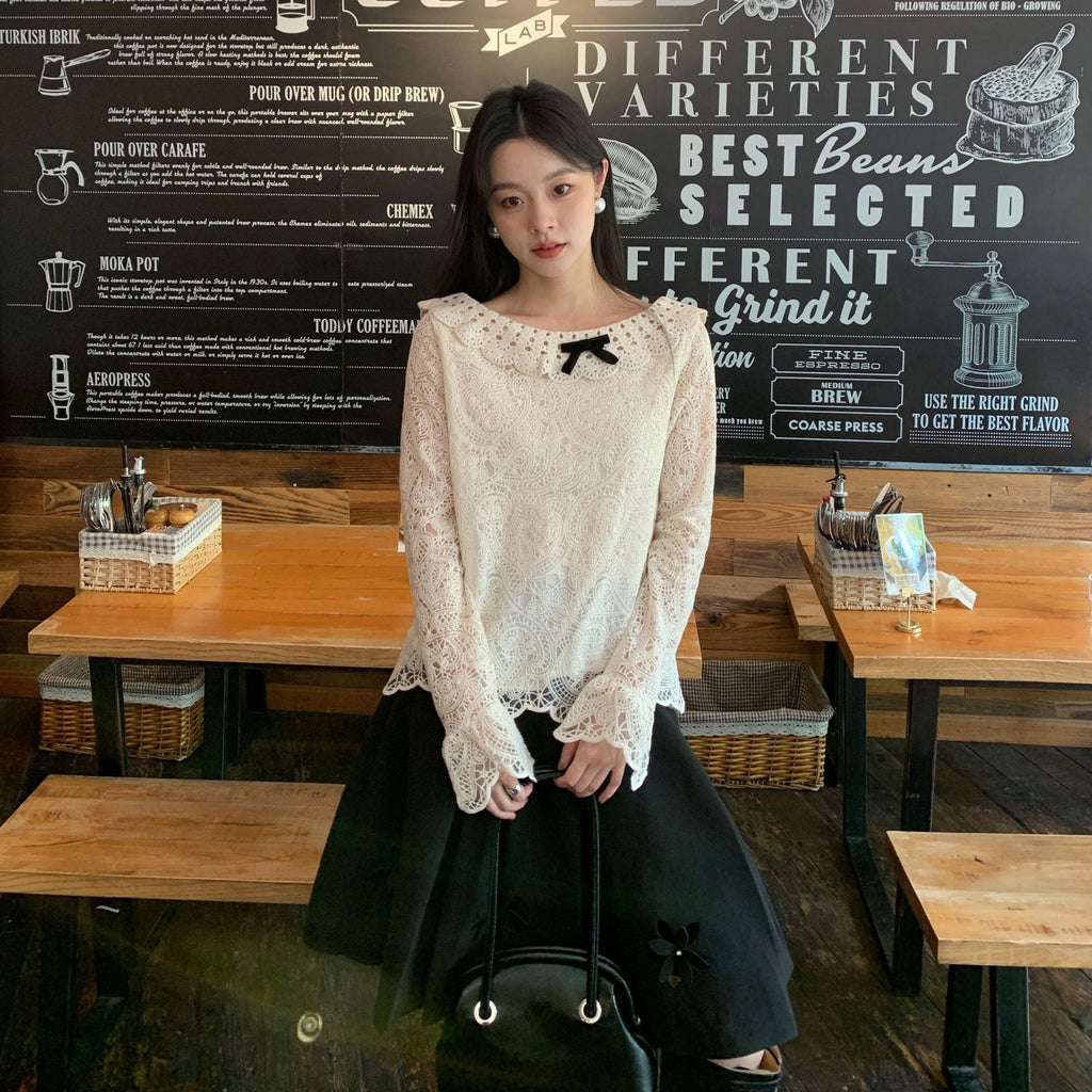 French foreign style sweet bow long sleeve hollow lace top