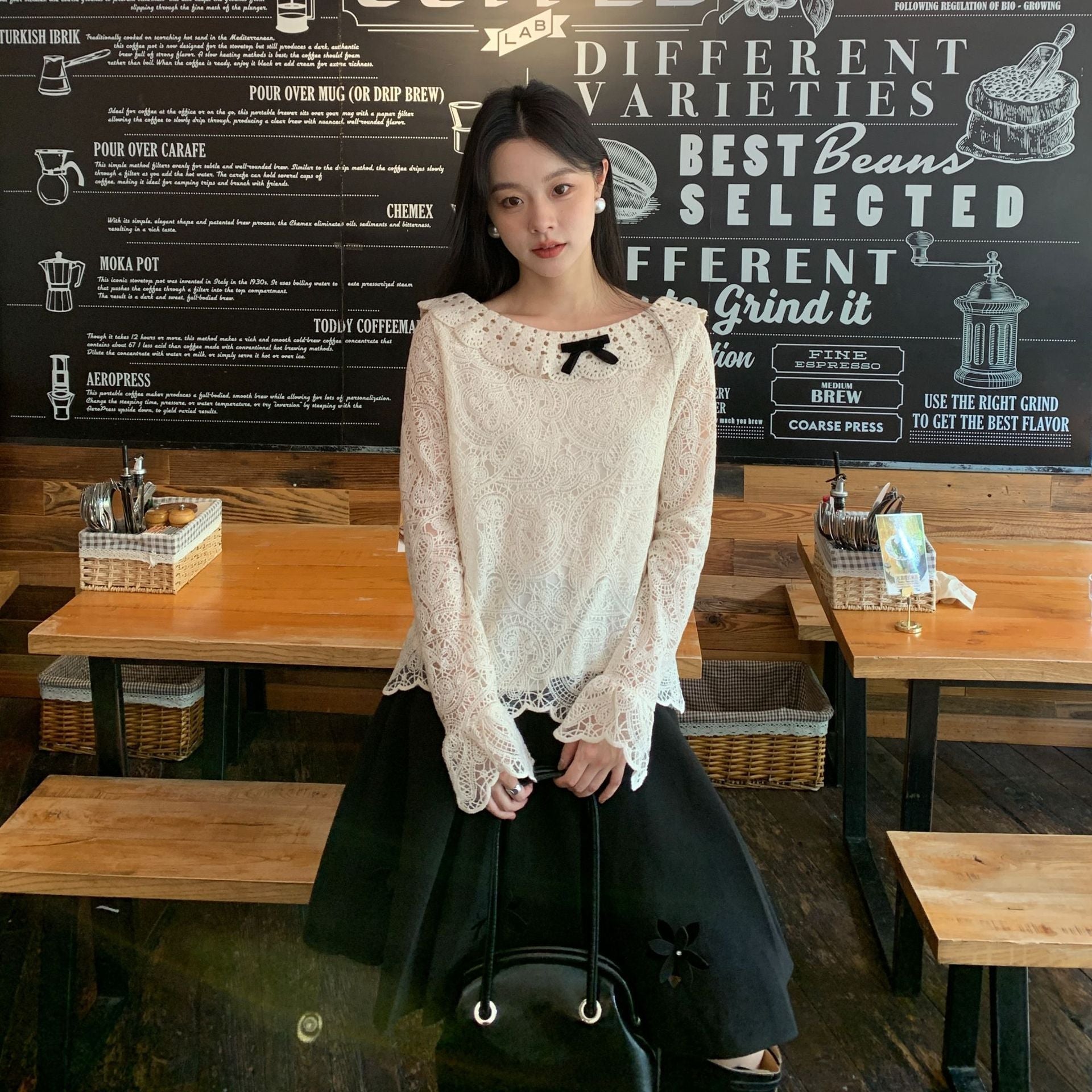 French foreign style sweet bow long sleeve hollow lace top