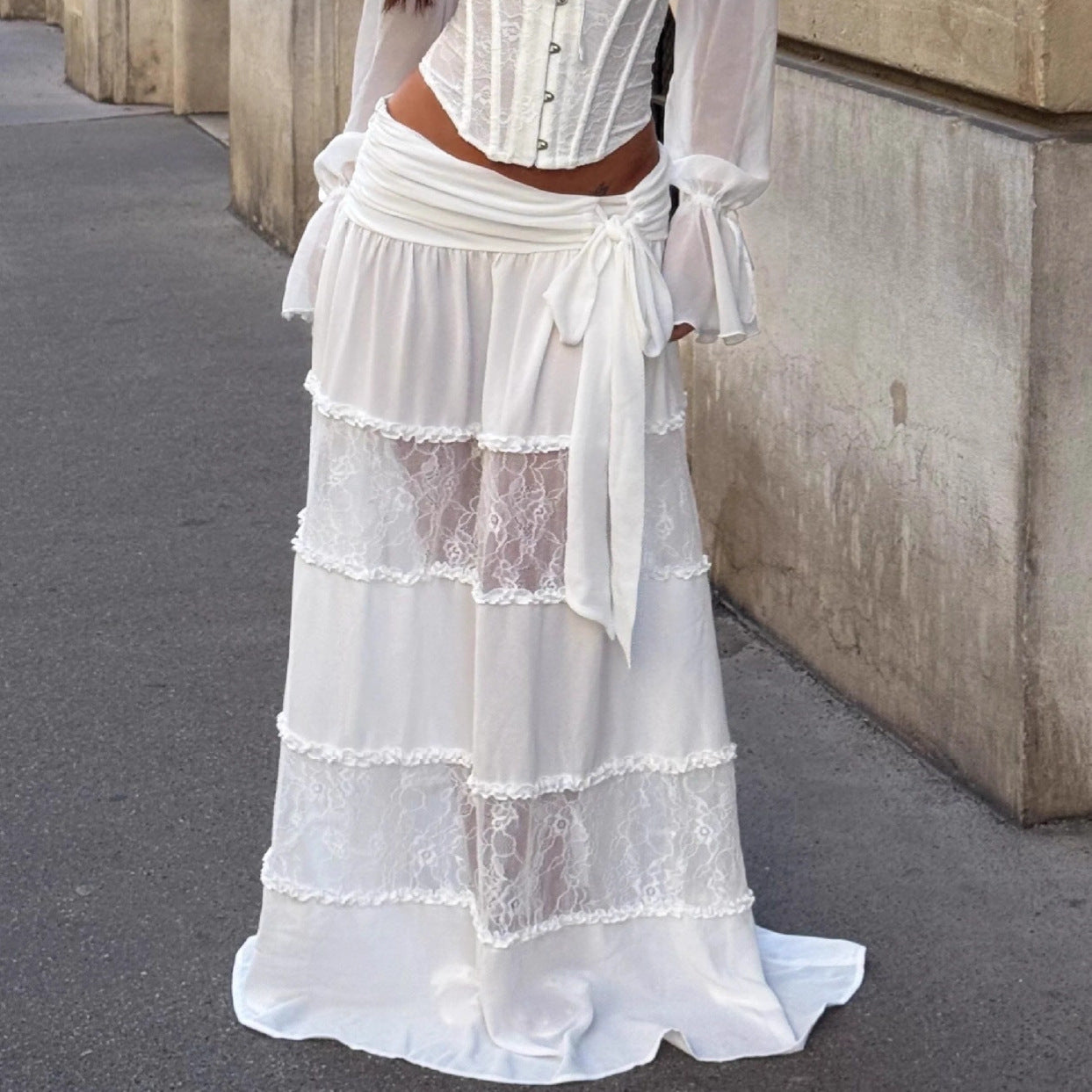 New white lace skirt women's high waist and thin mopping gauze splicing cake dress