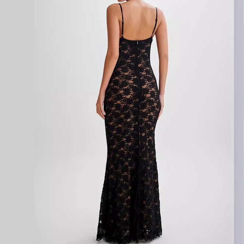 Hollow Lace Dress Female Slim Vacation Style Spice Girl Sexy Suspender Hip Bag Dress
