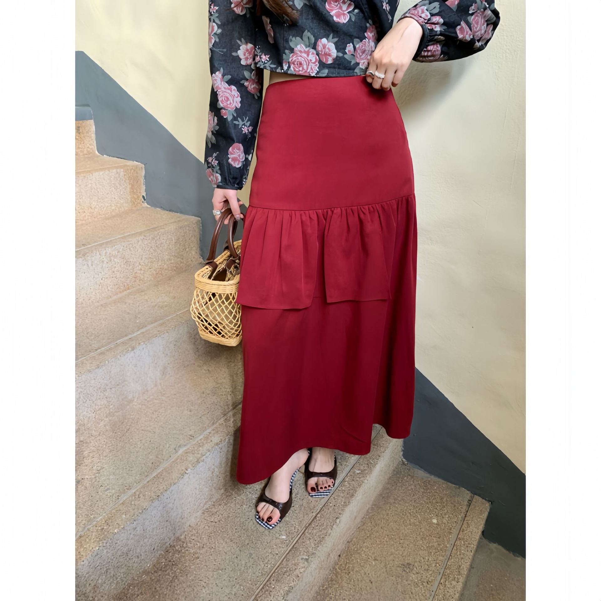 Lace design umbrella skirt high waist a-shaped skirt