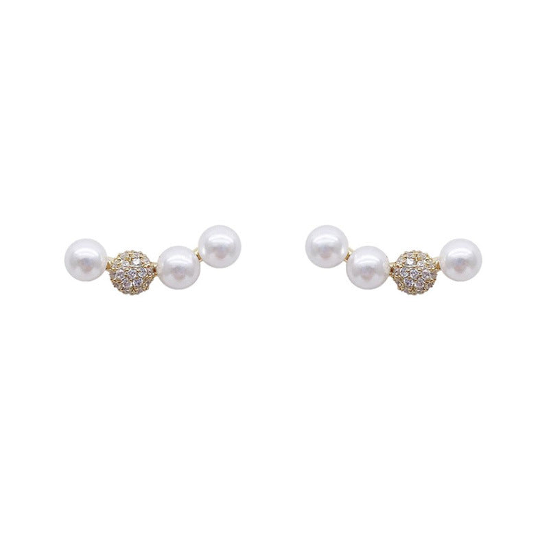 Light luxury small micro-inlaid pearl zircon smile one-word curved stud earrings sweet high-end simple earrings earrings women