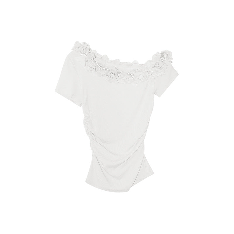 Women's 3D Floral Off-Shoulder Asymmetric Sleeve Pinch-Waist Tencel Top
