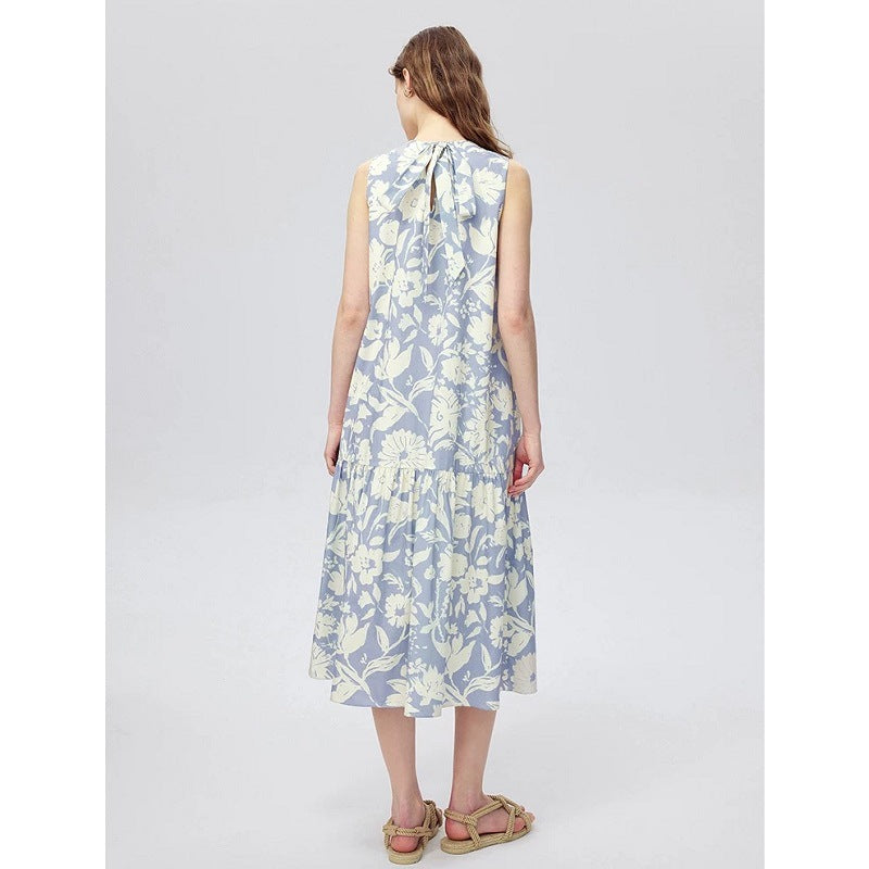Summer new French niche design floral silhouette print streamer sleeveless dress