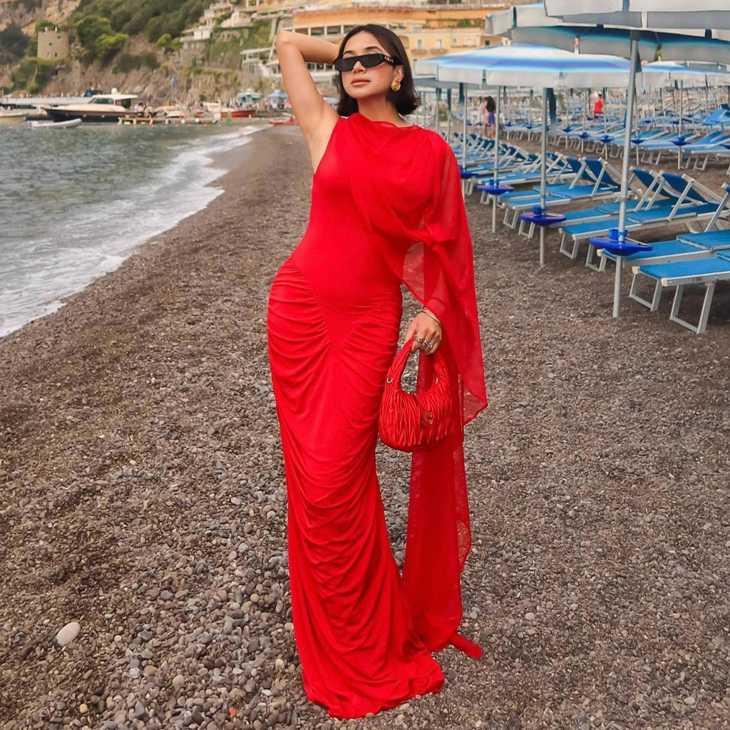 Fashion shawl mesh sexy slim fit pleated resort style dress