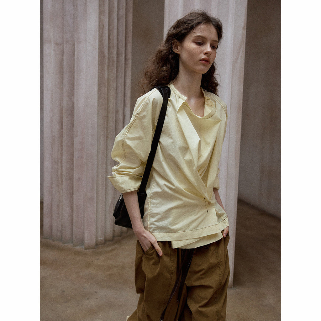 Swinging neck pleated irregular shirt daily commute versatile design long-sleeved top