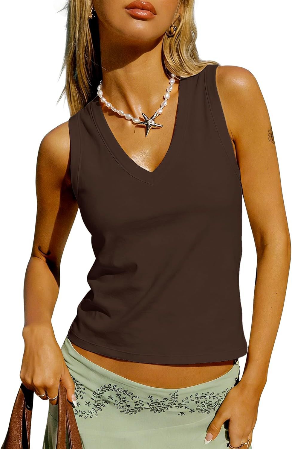 V-Neck Sleeveless Top Women Loose Fit Splicing Casual Tank